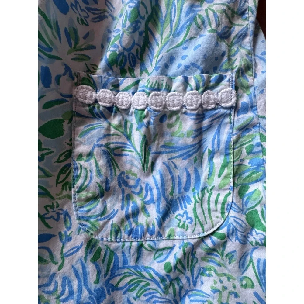 Lily Pulitzer Girl's Sz 7 Shift Dress Blue Green Shift Lace Trim NecklinePockets